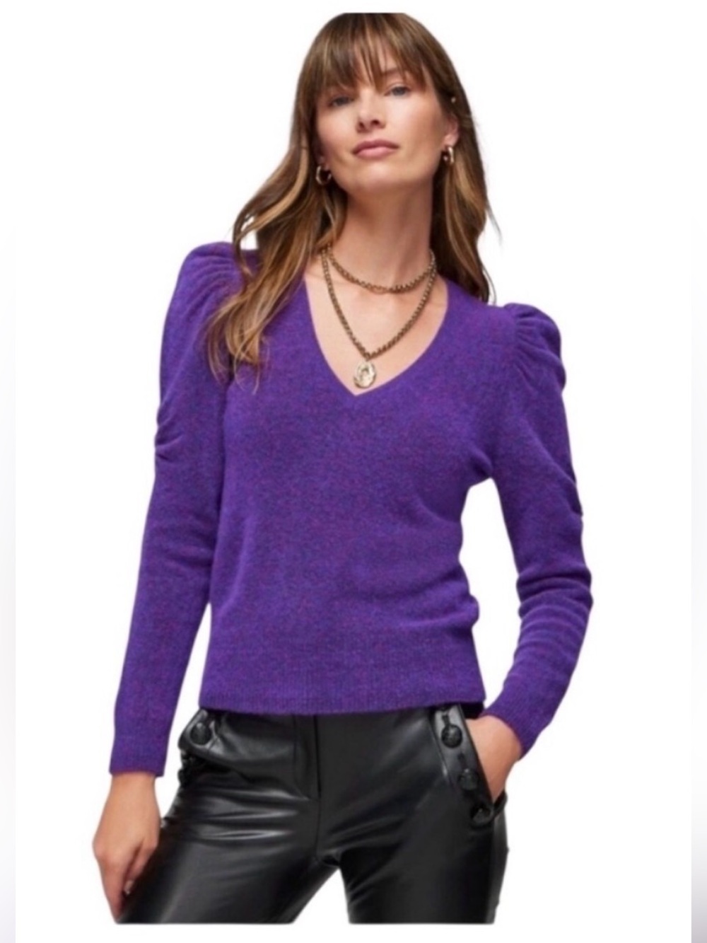 NWT WHBM Puff Sleeve V-Neck Pullover Heather Virtual Violet Women's XL Sweater